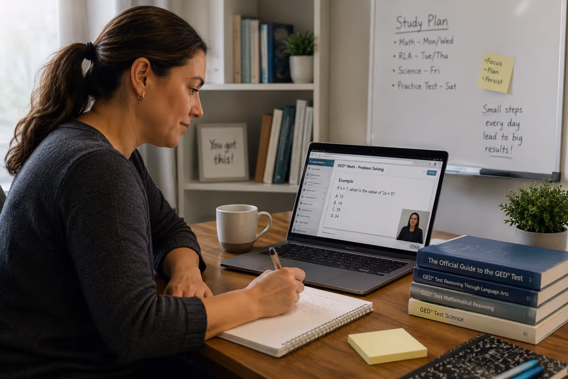 Adult student preparing for an online GED or high school diploma program from home