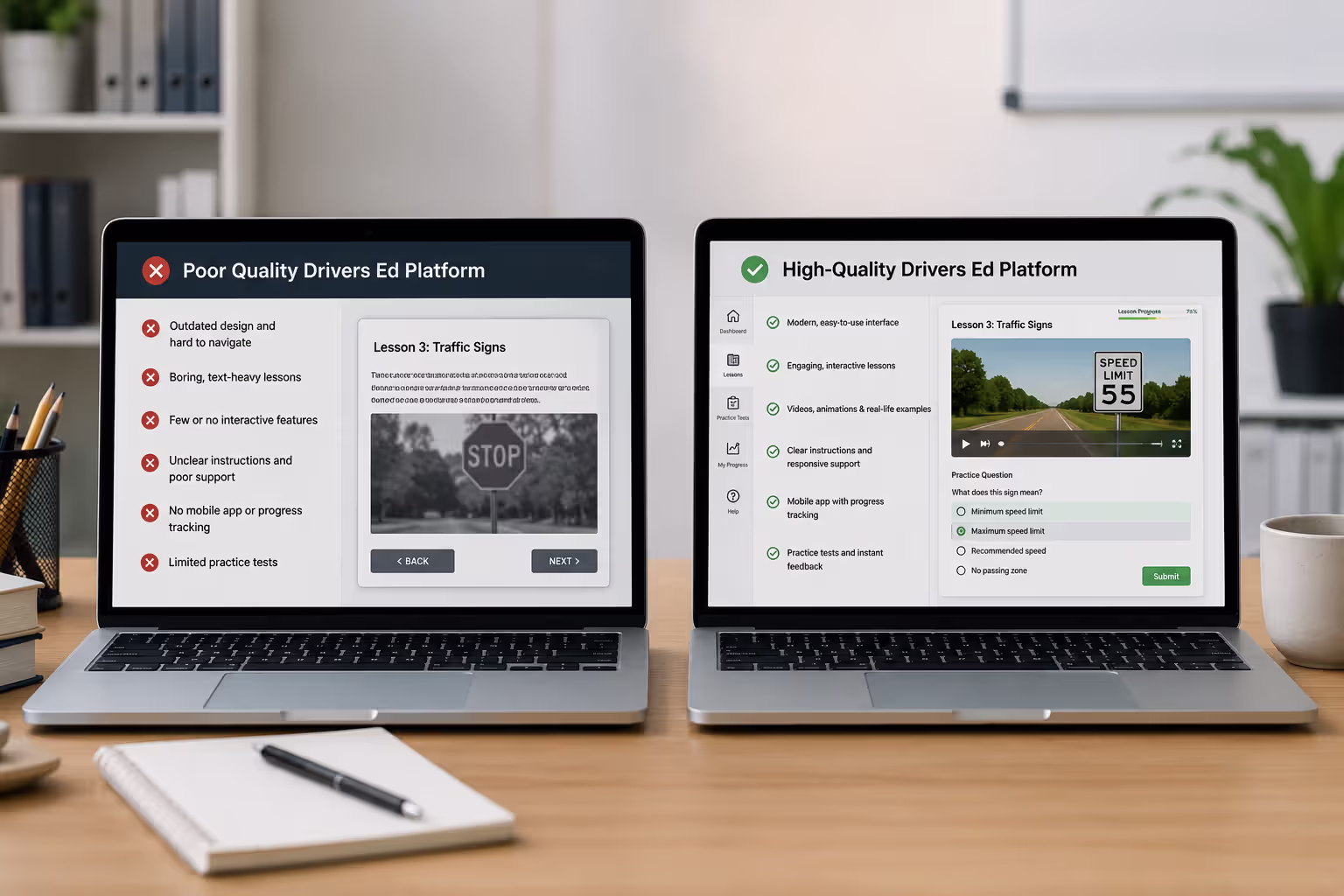 Comparison of poor versus high-quality online drivers ed platforms