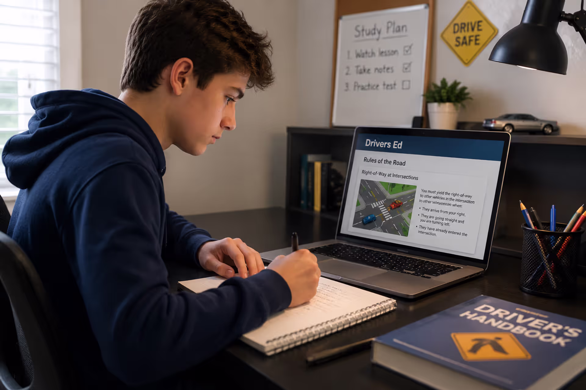 Teen student completing an online drivers education course and permit test preparation at home