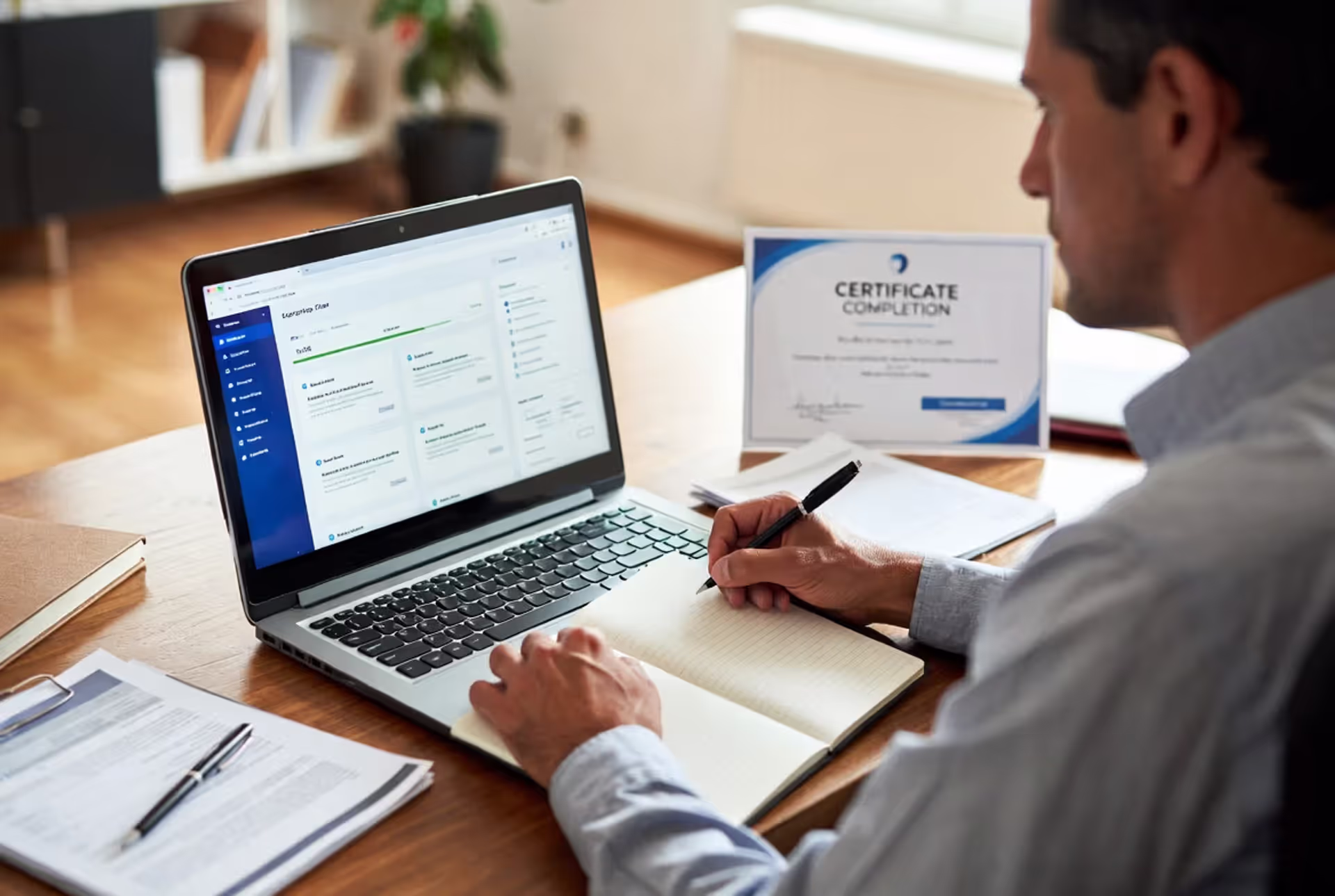 Professional completing an online continuing education course for career development and license renewal