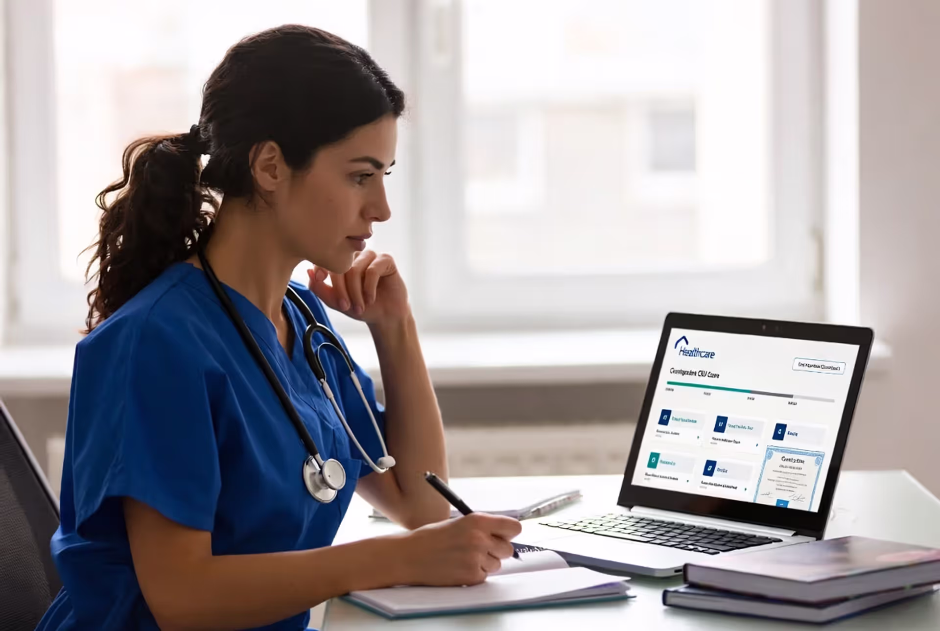 Healthcare professional completing online CEU continuing education courses for license renewal