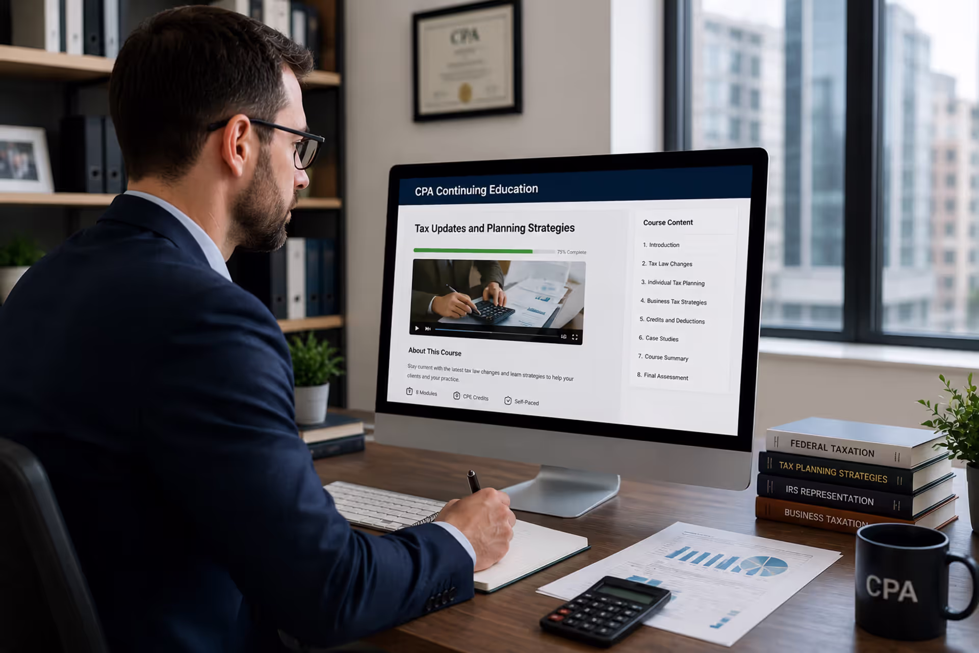 CPA completing online continuing professional education courses and tax training in a modern office